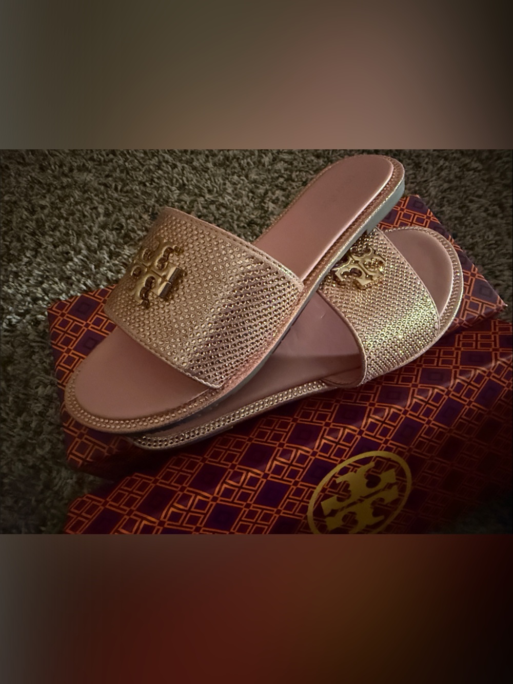 Tory Burch Metallic Rose Gold Logo Slide Sandals